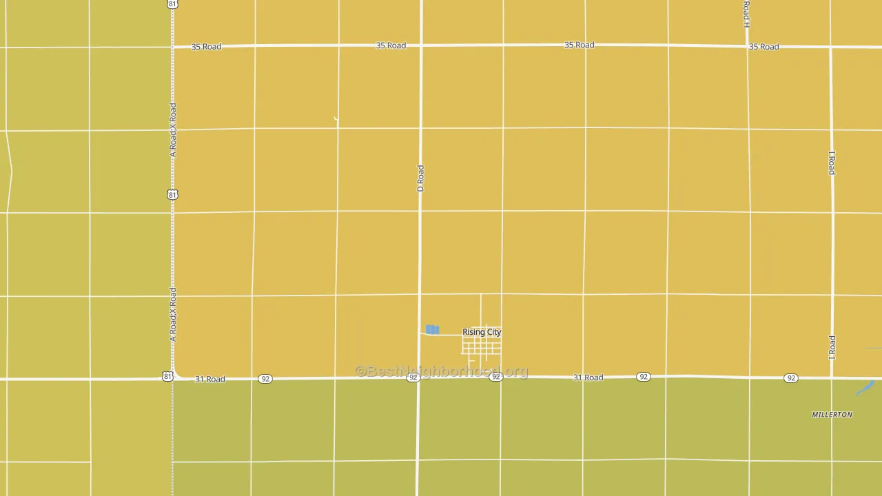 Map of the best neighborhoods in the Rising City area, with better matches in green and worse matches in red
