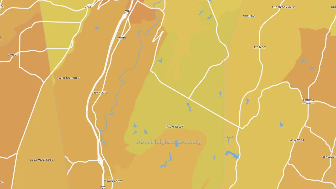 Map of the best neighborhoods in the Rising Fawn area, with better matches in green and worse matches in red