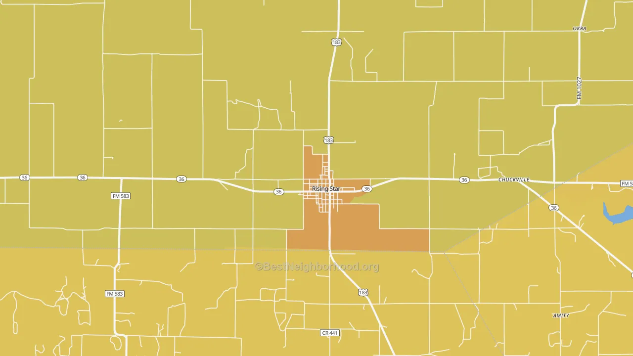 Map of the best neighborhoods in the Rising Star area, with better matches in green and worse matches in red