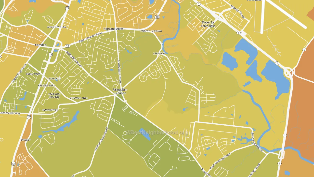 Map of the best neighborhoods in the Rising Sun-Lebanon, Magnolia area, with better matches in green and worse matches in red