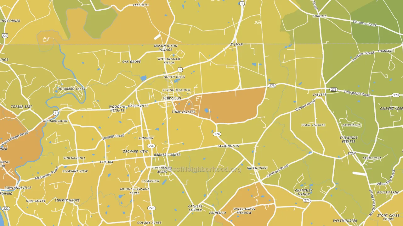 Map of the best neighborhoods in the Rising Sun area, with better matches in green and worse matches in red