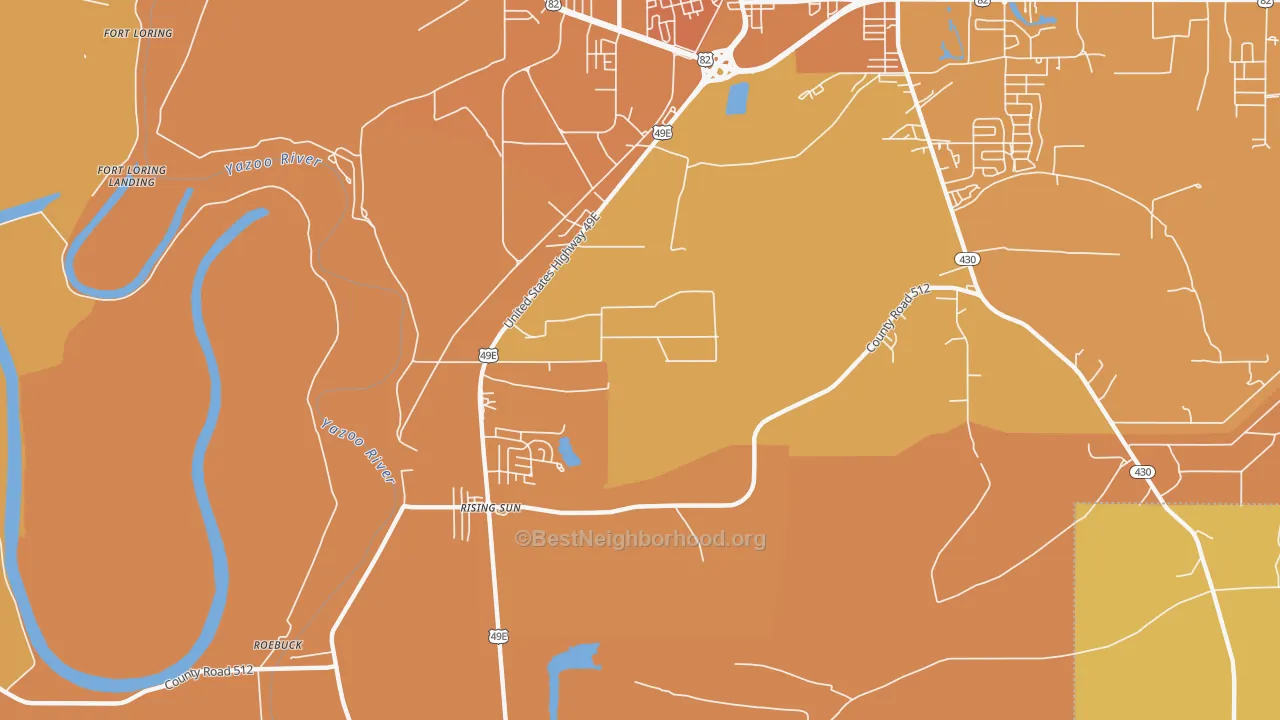 Map of the best neighborhoods in the Rising Sun area, with better matches in green and worse matches in red