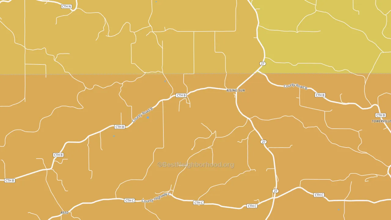 Map of the best neighborhoods in the Rising Sun area, with better matches in green and worse matches in red