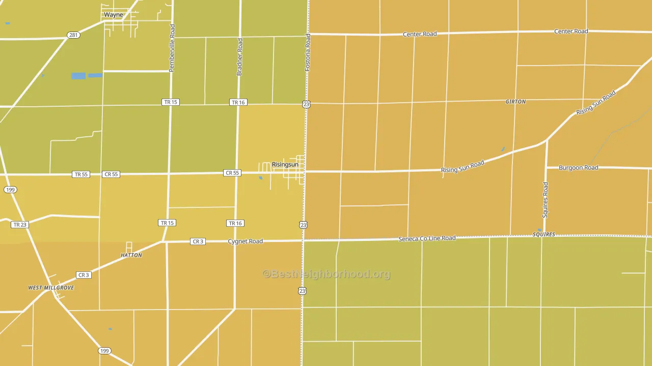 Map of the best neighborhoods in the Risingsun area, with better matches in green and worse matches in red