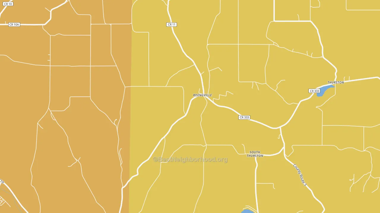 Map of the best neighborhoods in the Risingville area, with better matches in green and worse matches in red