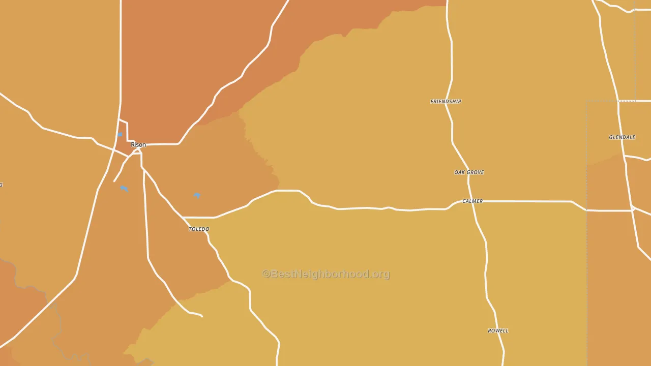 Map of the best neighborhoods in the Rison area, with better matches in green and worse matches in red