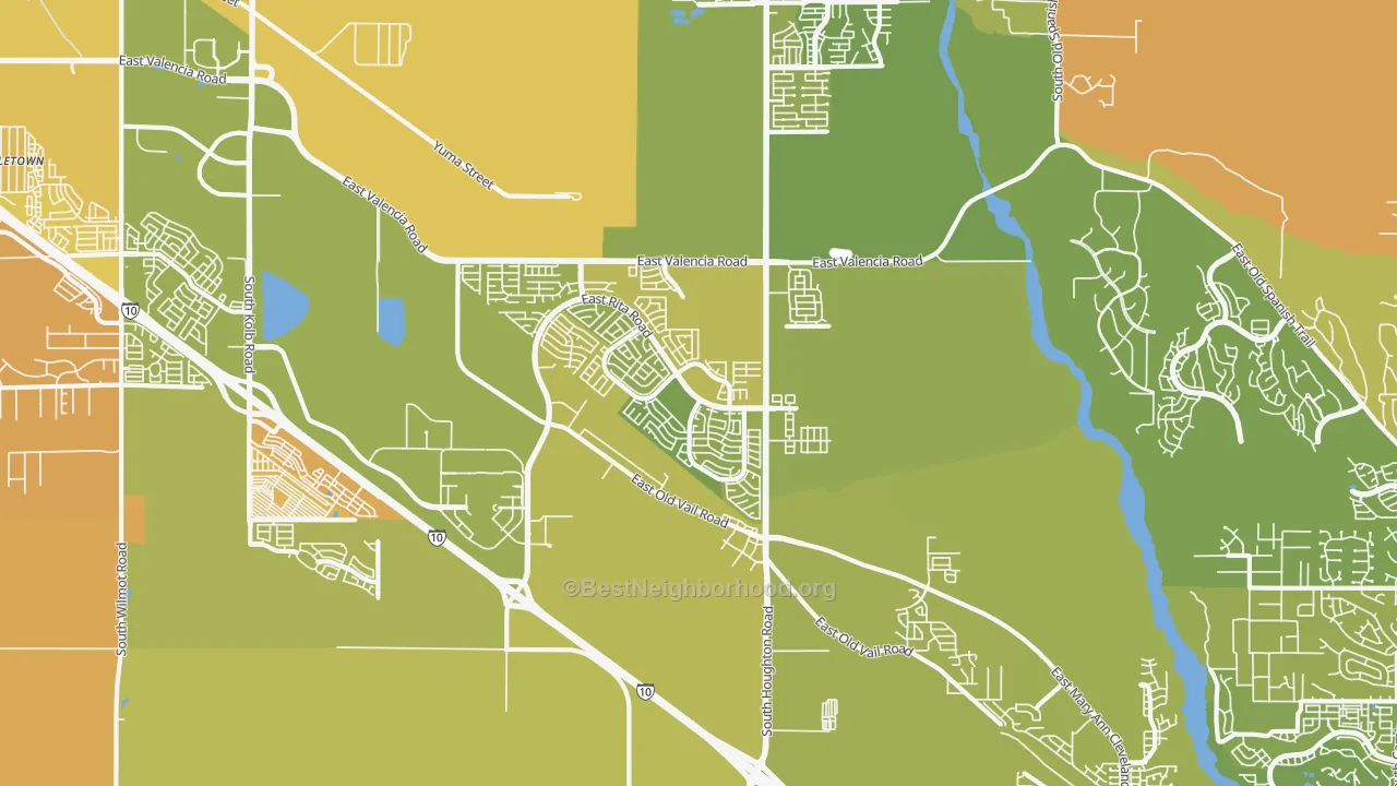 Map of the best neighborhoods in the Rita Ranch, Tucson area, with better matches in green and worse matches in red