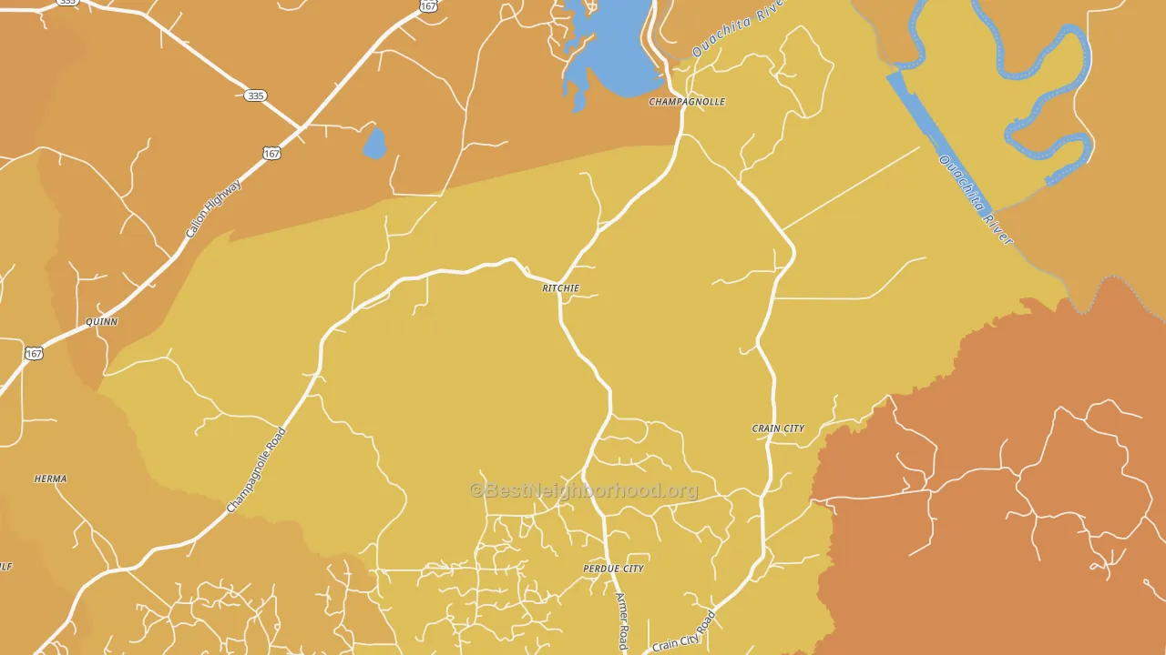 Map of the best neighborhoods in the Ritchie area, with better matches in green and worse matches in red