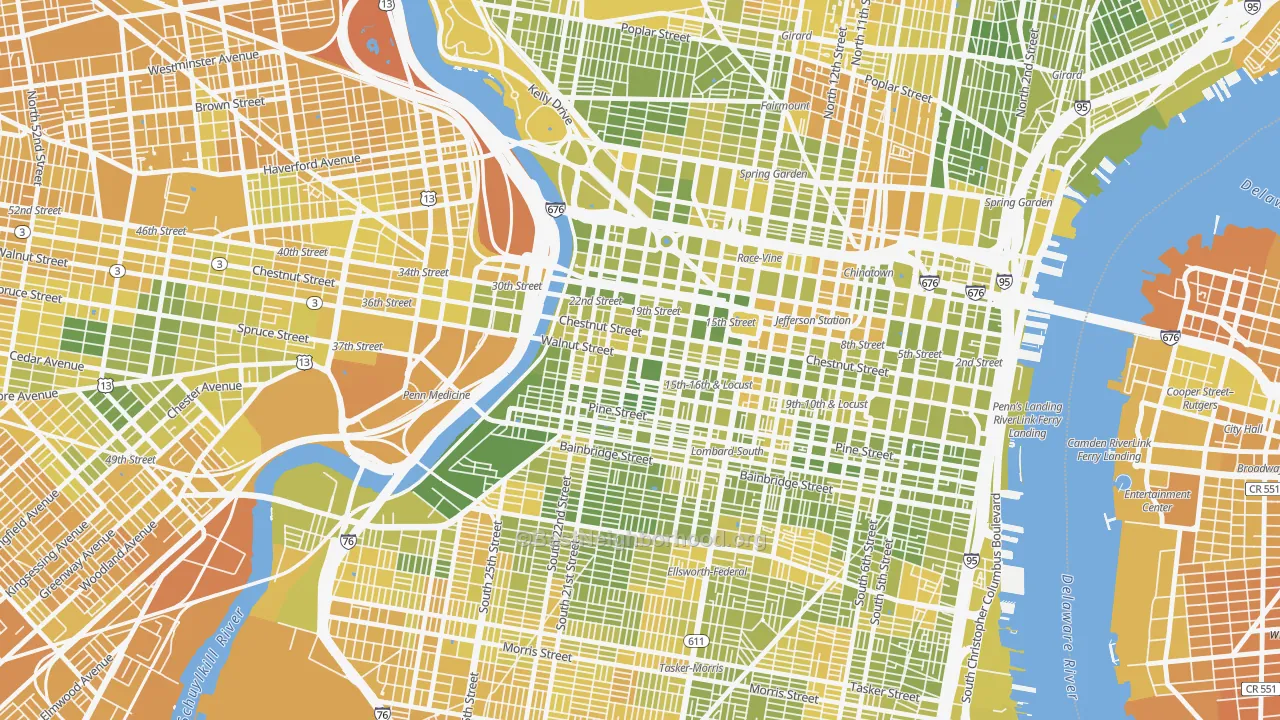 Map of the best neighborhoods in the Rittenhouse Square, Philadelphia area, with better matches in green and worse matches in red
