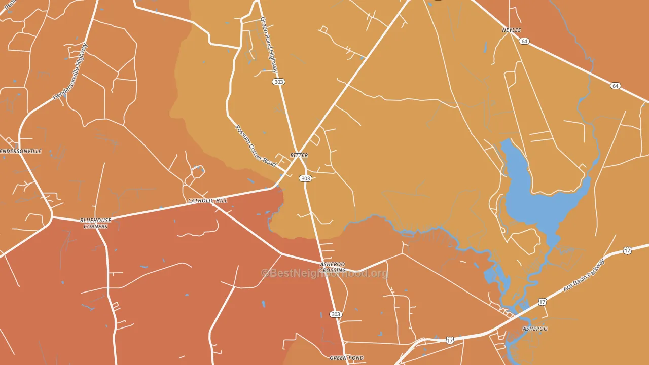 Map of the best neighborhoods in the Ritter area, with better matches in green and worse matches in red