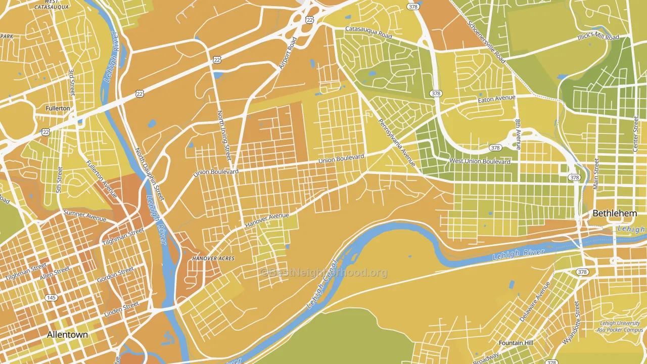 Map of the best neighborhoods in the Rittersville, Allentown area, with better matches in green and worse matches in red