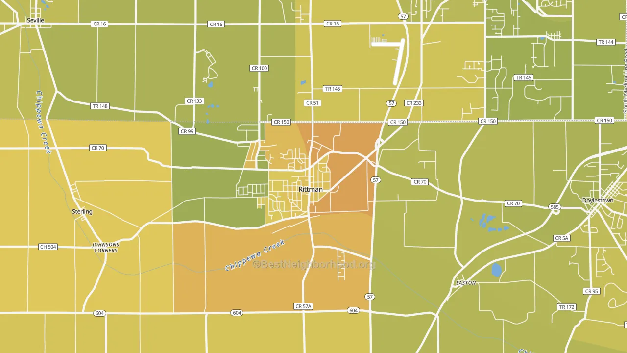 Map of the best neighborhoods in the Rittman area, with better matches in green and worse matches in red