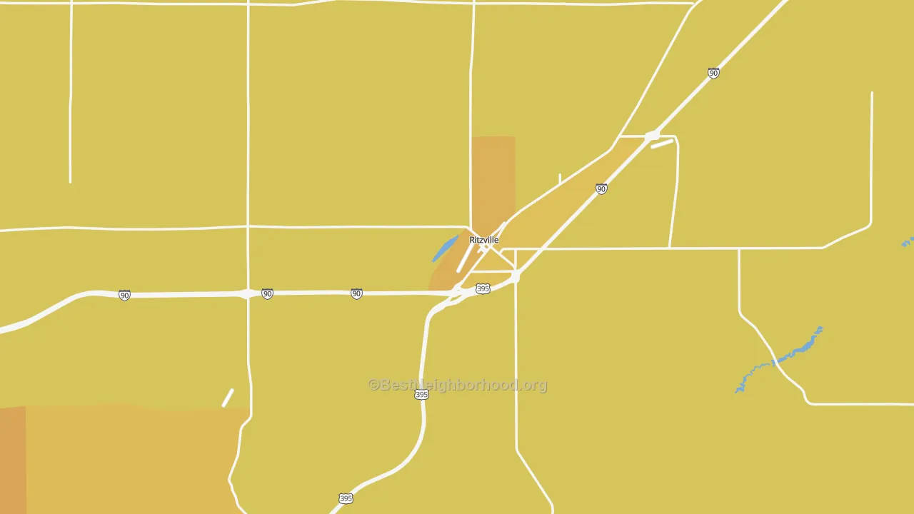 Map of the best neighborhoods in the Ritzville area, with better matches in green and worse matches in red