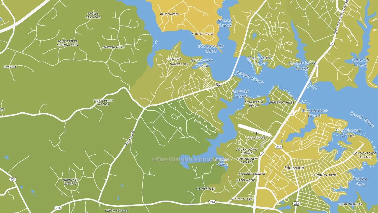 Map of the best neighborhoods in the Riva area, with better matches in green and worse matches in red