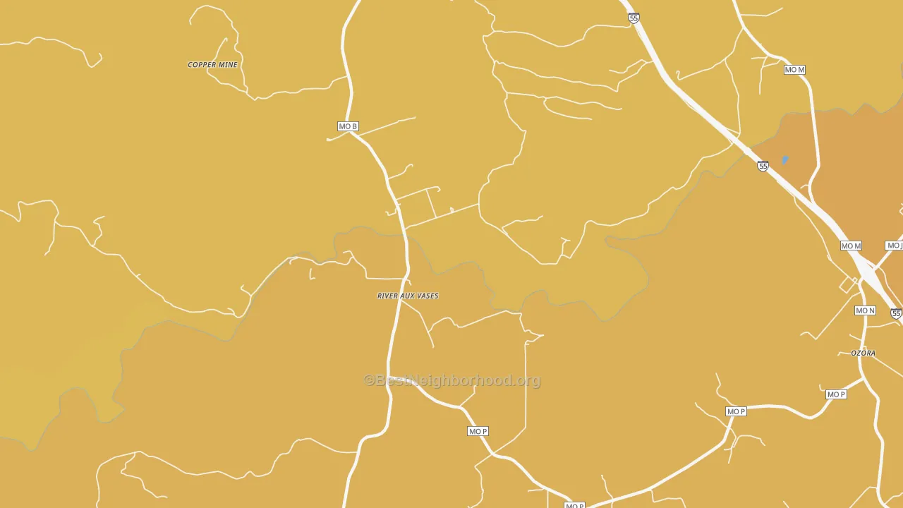 Map of the best neighborhoods in the River aux Vases area, with better matches in green and worse matches in red