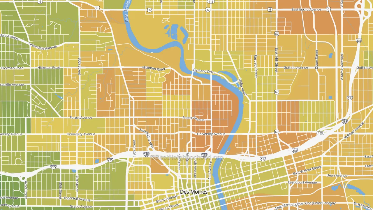 Map of the best neighborhoods in the River Bend, Des Moines area, with better matches in green and worse matches in red