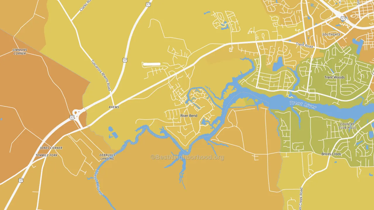 Map of the best neighborhoods in the River Bend area, with better matches in green and worse matches in red