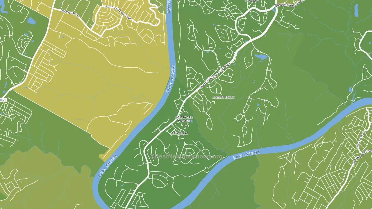 Map of the best neighborhoods in the River Dance at Steiner Ranch, Austin area, with better matches in green and worse matches in red
