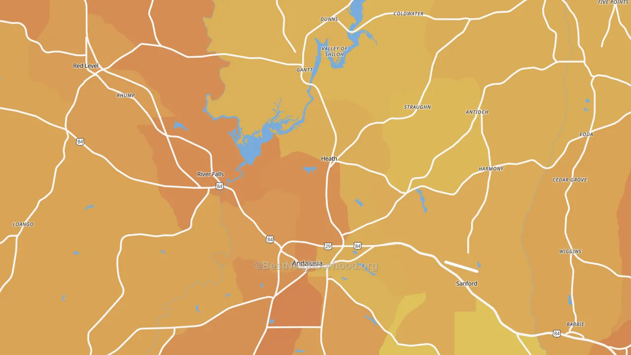 Map of the best neighborhoods in the River Falls area, with better matches in green and worse matches in red