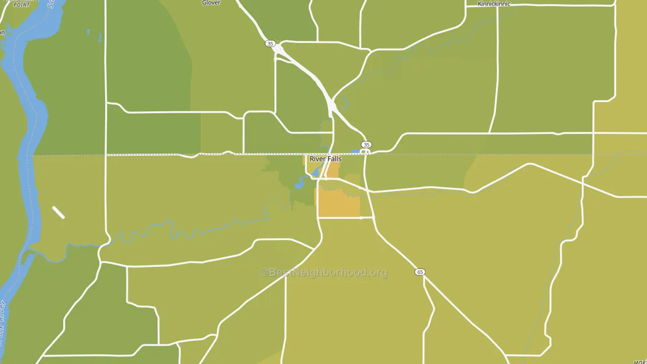 Map of the best neighborhoods in the River Falls area, with better matches in green and worse matches in red
