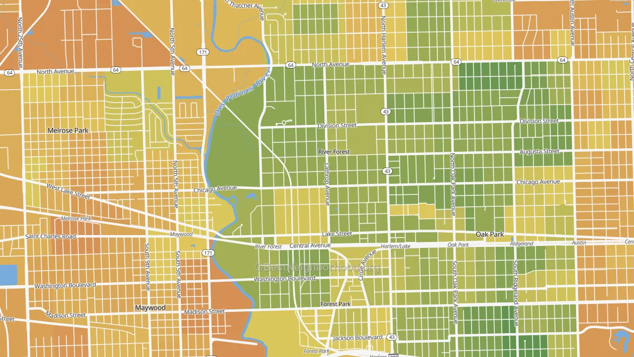 Map of the best neighborhoods in the River Forest area, with better matches in green and worse matches in red