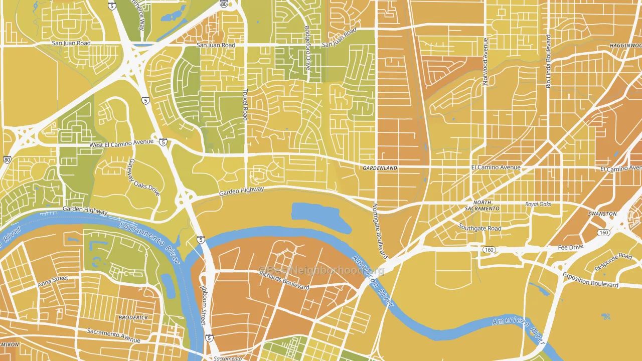Map of the best neighborhoods in the River Gardens, Sacramento area, with better matches in green and worse matches in red