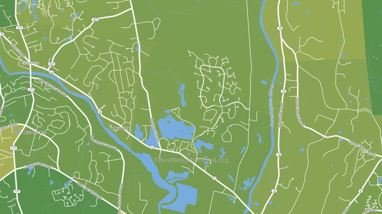 Map of the best neighborhoods in the River Glen area, with better matches in green and worse matches in red