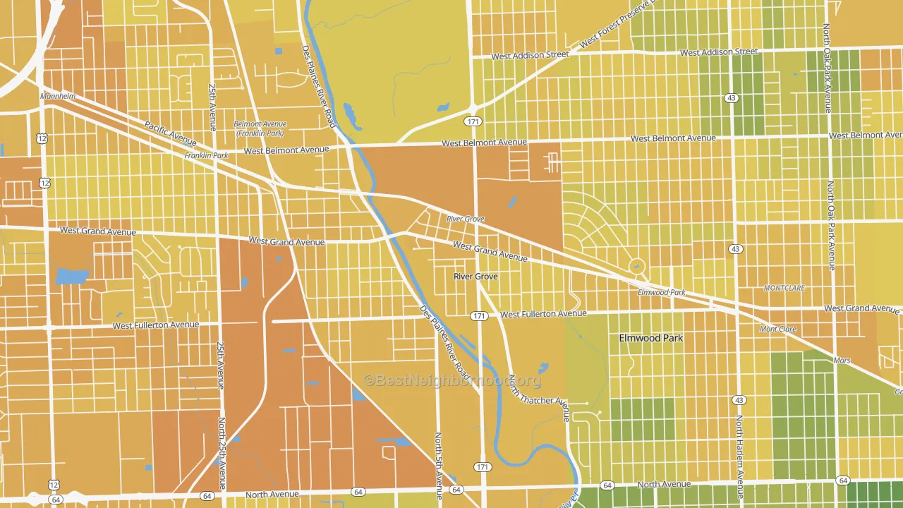 Map of the best neighborhoods in the River Grove area, with better matches in green and worse matches in red