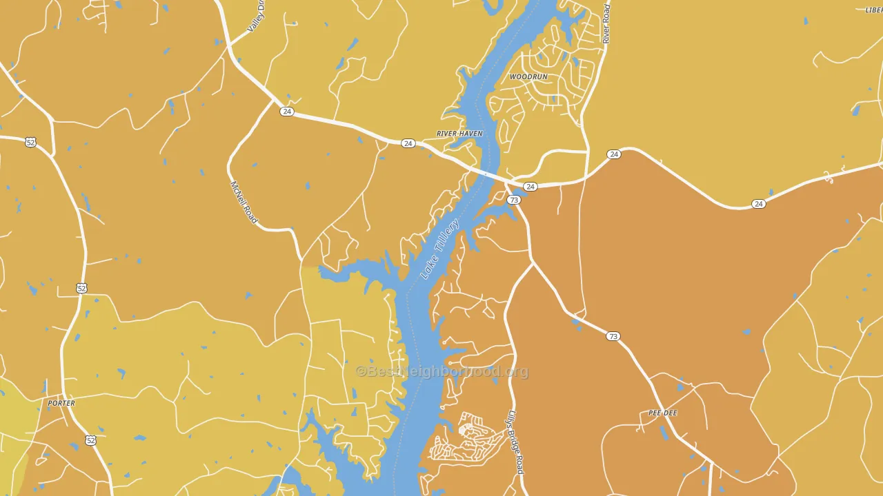 Map of the best neighborhoods in the River Haven area, with better matches in green and worse matches in red