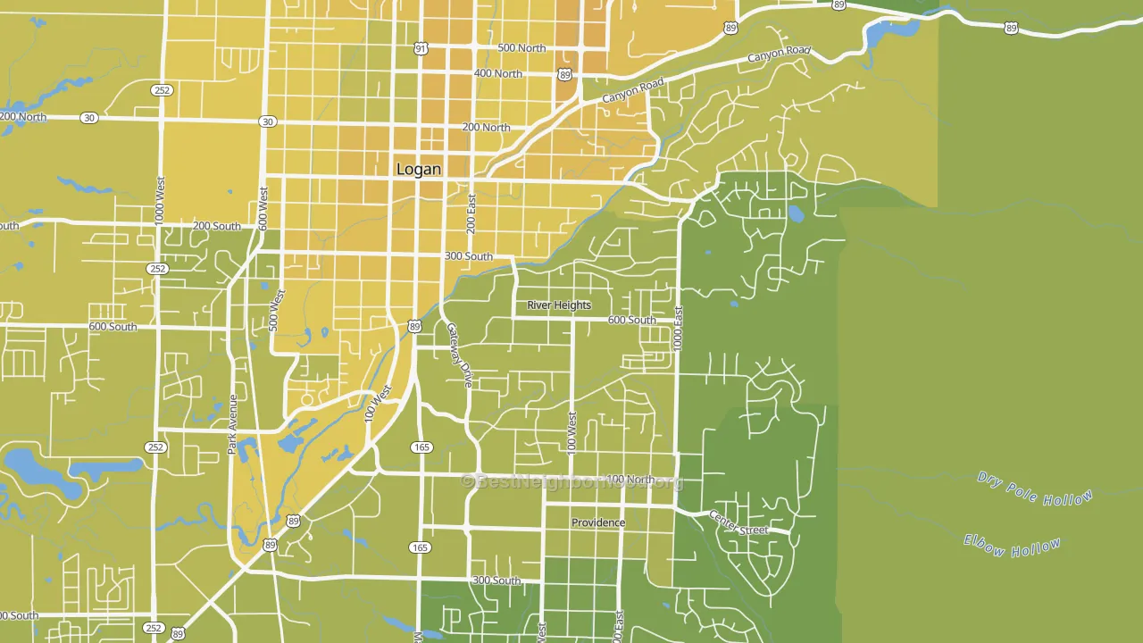 Map of the best neighborhoods in the River Heights area, with better matches in green and worse matches in red
