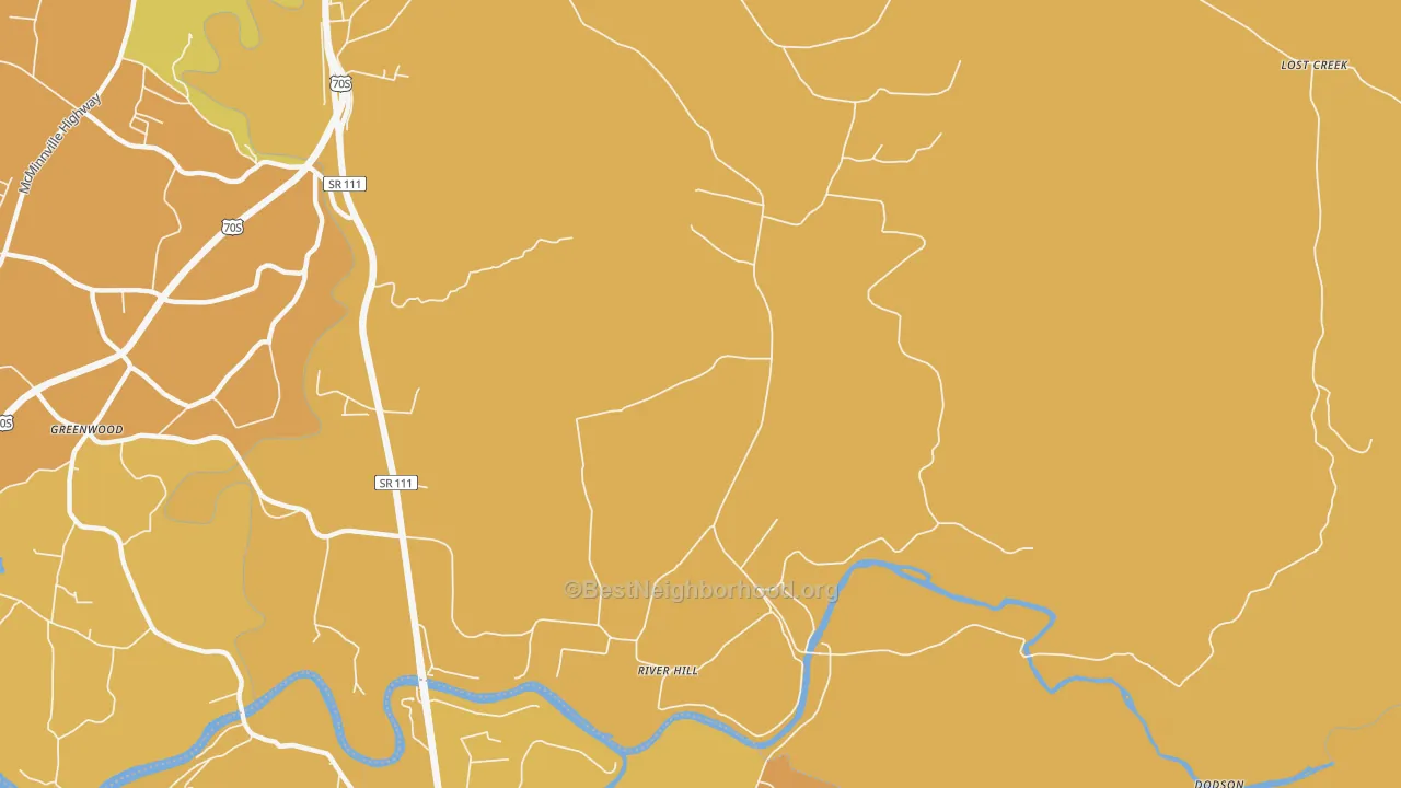 Map of the best neighborhoods in the River Hill area, with better matches in green and worse matches in red