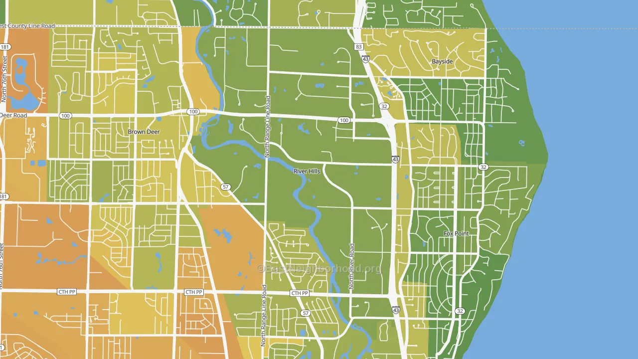 Map of the best neighborhoods in the River Hills area, with better matches in green and worse matches in red