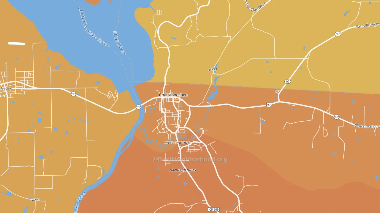 Map of the best neighborhoods in the River Junction area, with better matches in green and worse matches in red