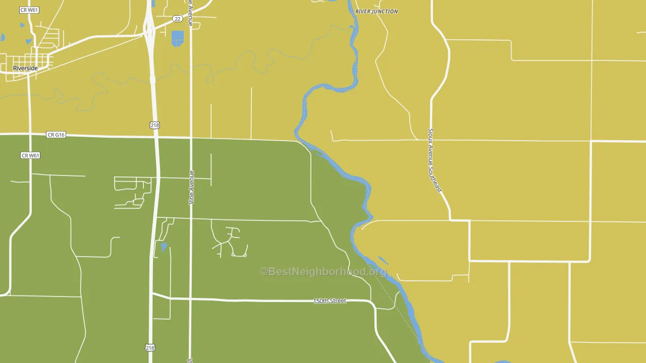 Map of the best neighborhoods in the River Junction area, with better matches in green and worse matches in red