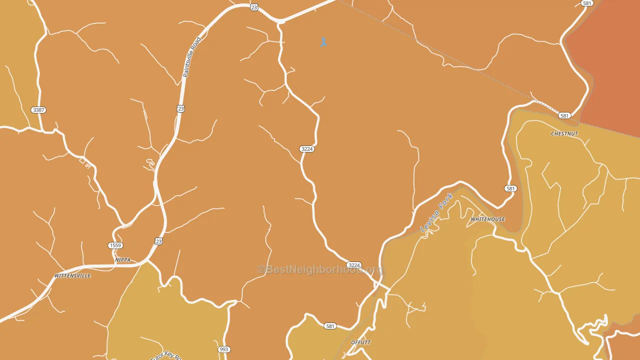Map of the best neighborhoods in the River area, with better matches in green and worse matches in red