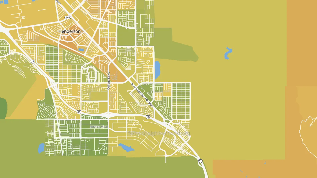 Map of the best neighborhoods in the River Mountain, Henderson area, with better matches in green and worse matches in red
