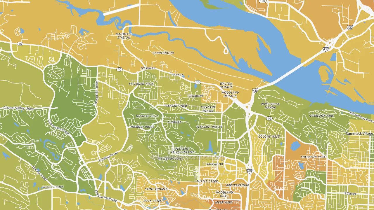 Map of the best neighborhoods in the River Mountain, Little Rock area, with better matches in green and worse matches in red
