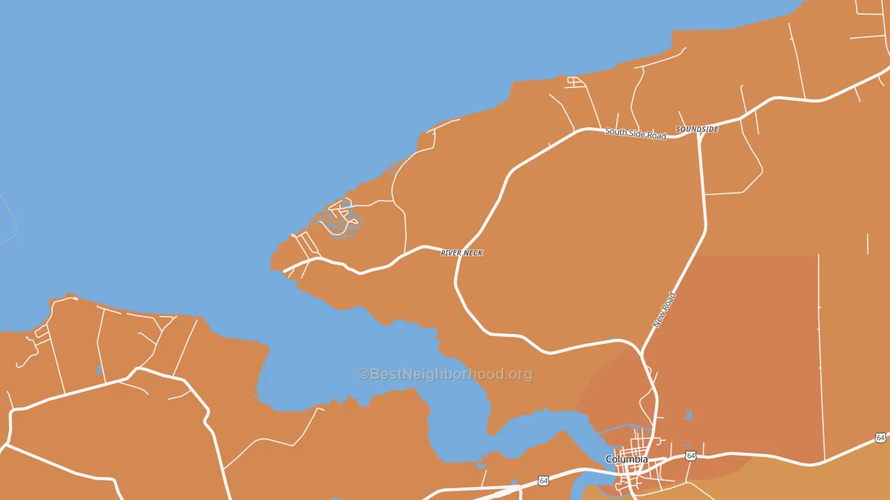 Map of the best neighborhoods in the River Neck area, with better matches in green and worse matches in red