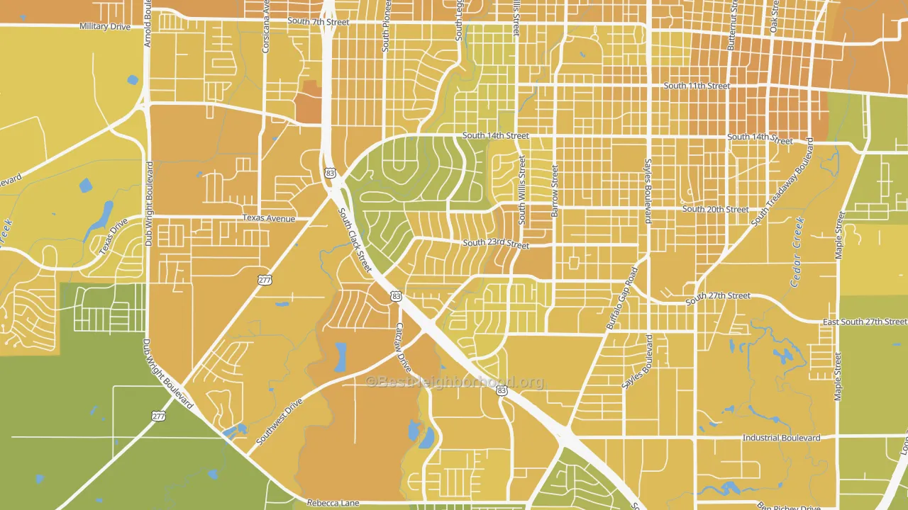 Map of the best neighborhoods in the River Oaks-Brookhollow, Abilene area, with better matches in green and worse matches in red