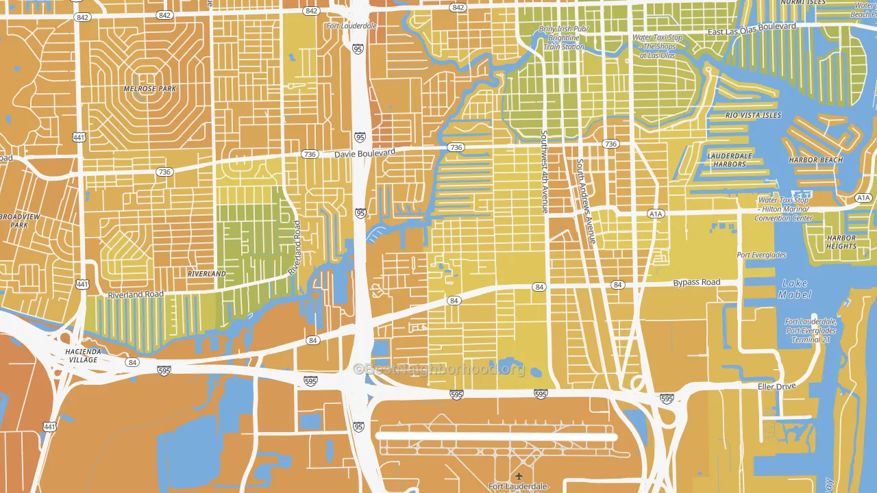Map of the best neighborhoods in the River Oaks, Fort Lauderdale area, with better matches in green and worse matches in red