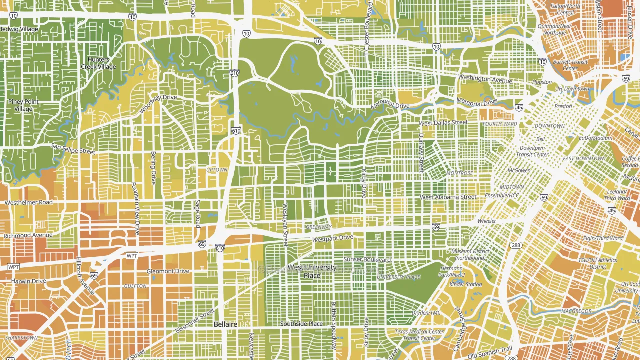 Map of the best neighborhoods in the River Oaks, Houston area, with better matches in green and worse matches in red