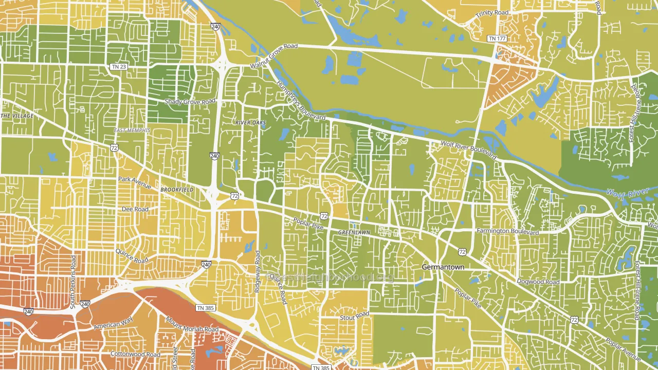 Map of the best neighborhoods in the River Oaks-Kirby-Balmoral, Memphis area, with better matches in green and worse matches in red