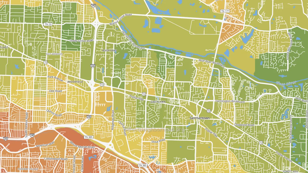 Map of the best neighborhoods in the River Oaks, Memphis area, with better matches in green and worse matches in red