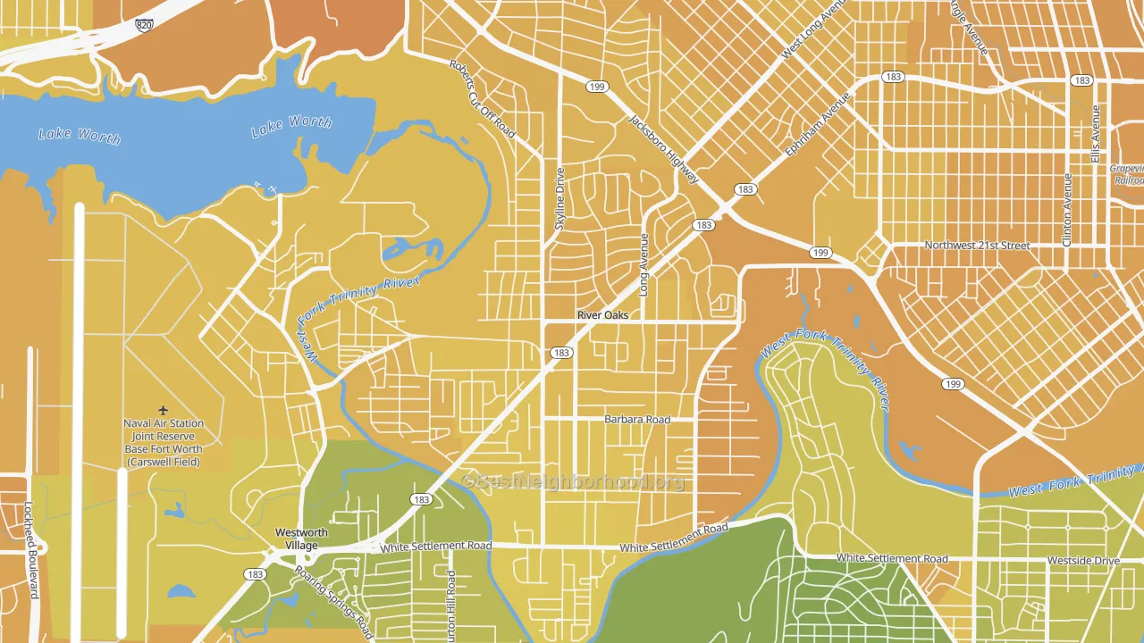 Map of the best neighborhoods in the River Oaks area, with better matches in green and worse matches in red