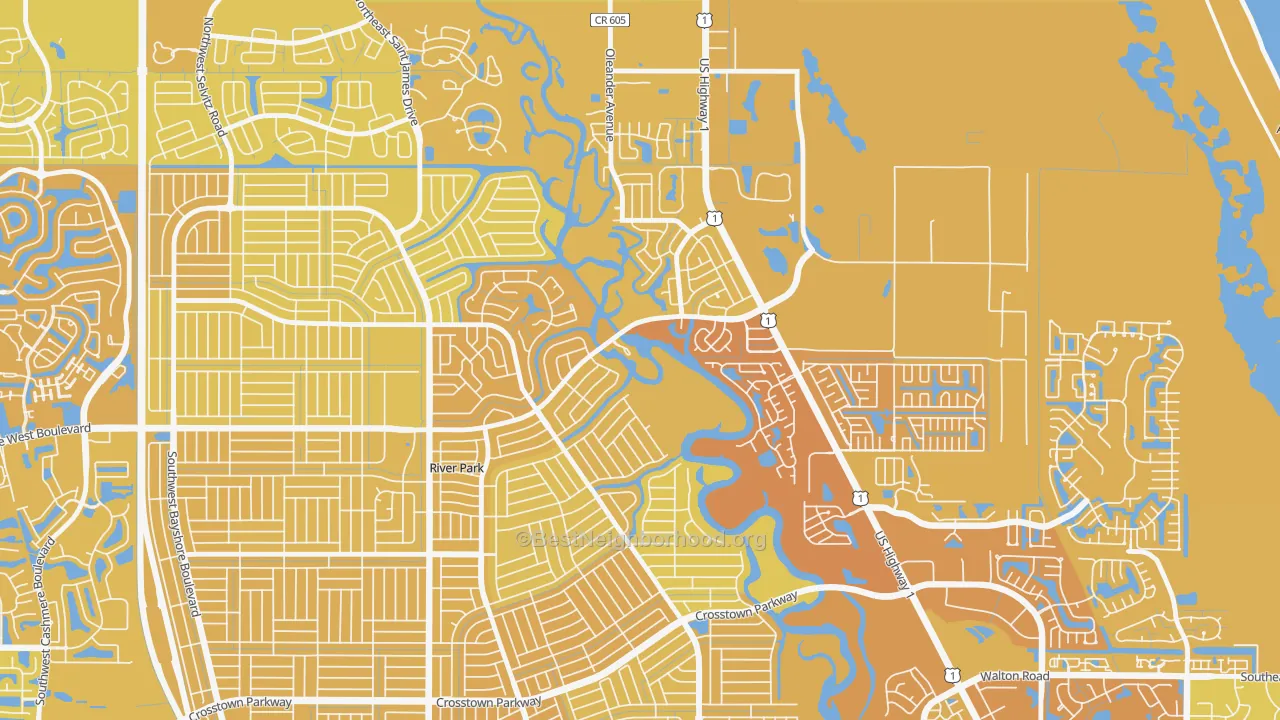 Map of the best neighborhoods in the River Park, Port St. Lucie area, with better matches in green and worse matches in red