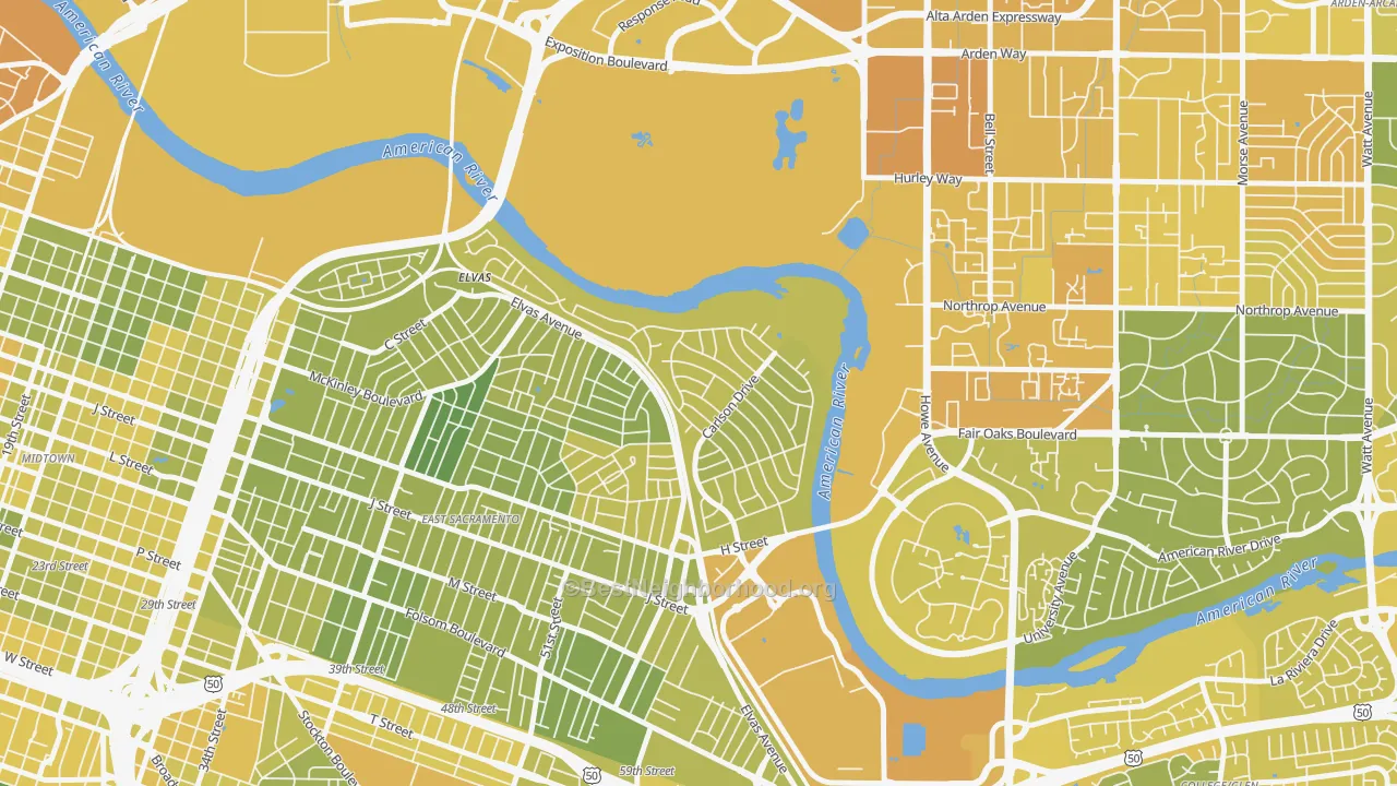 Map of the best neighborhoods in the River Park, Sacramento area, with better matches in green and worse matches in red