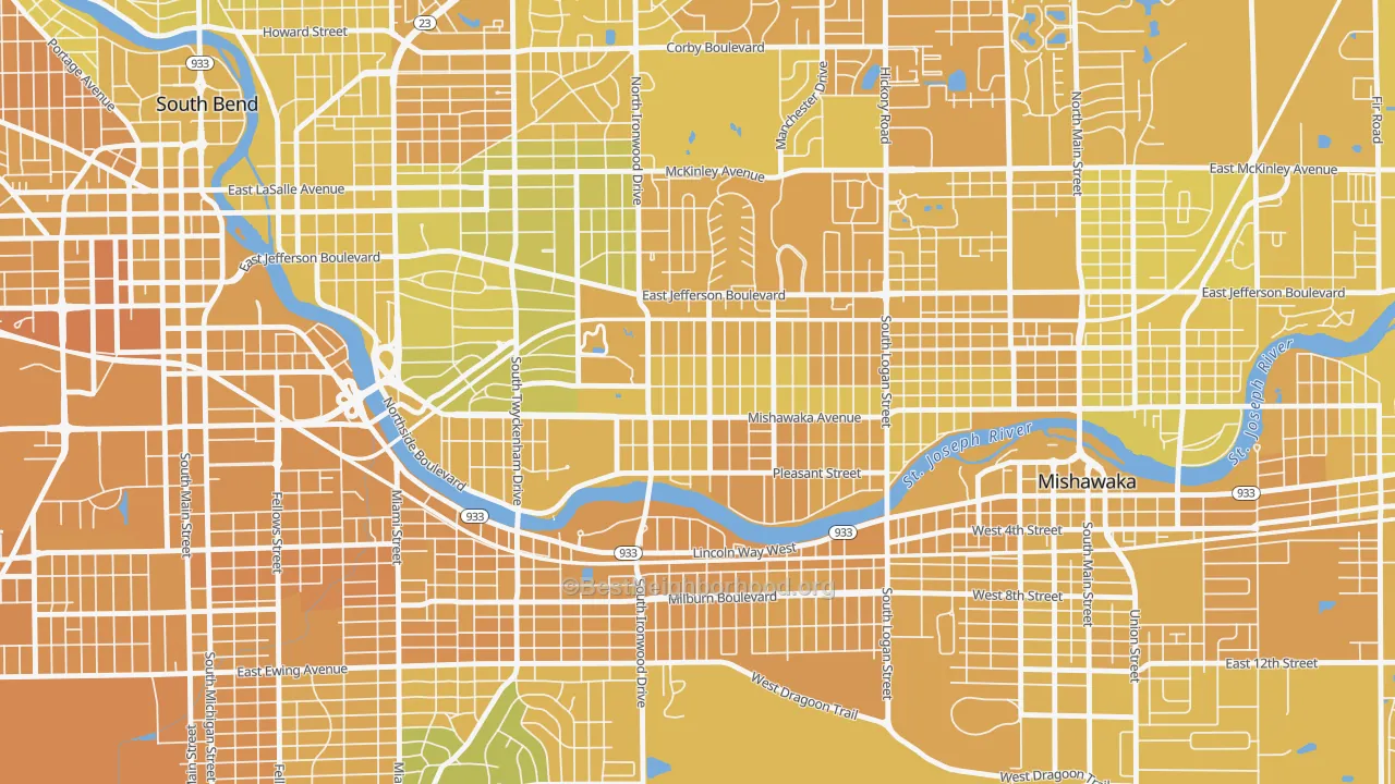 Map of the best neighborhoods in the River Park, South Bend area, with better matches in green and worse matches in red