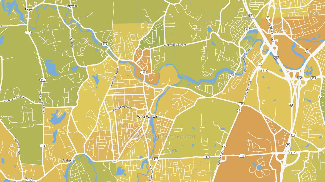 Map of the best neighborhoods in the River Point, West Warwick area, with better matches in green and worse matches in red