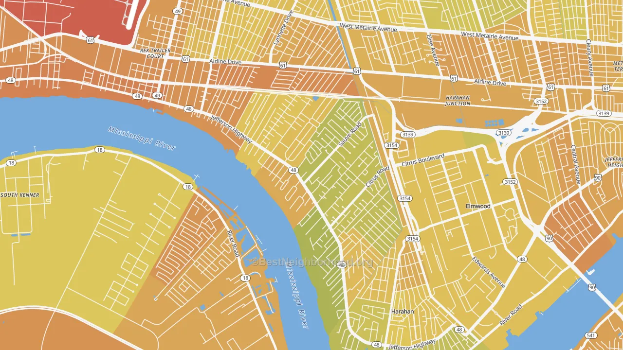 Map of the best neighborhoods in the River Ridge area, with better matches in green and worse matches in red