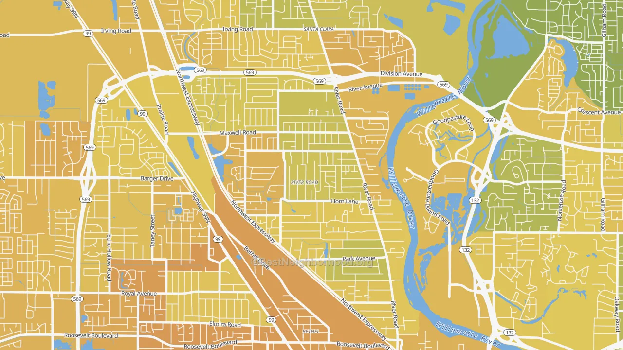 Map of the best neighborhoods in the River Road, Eugene area, with better matches in green and worse matches in red